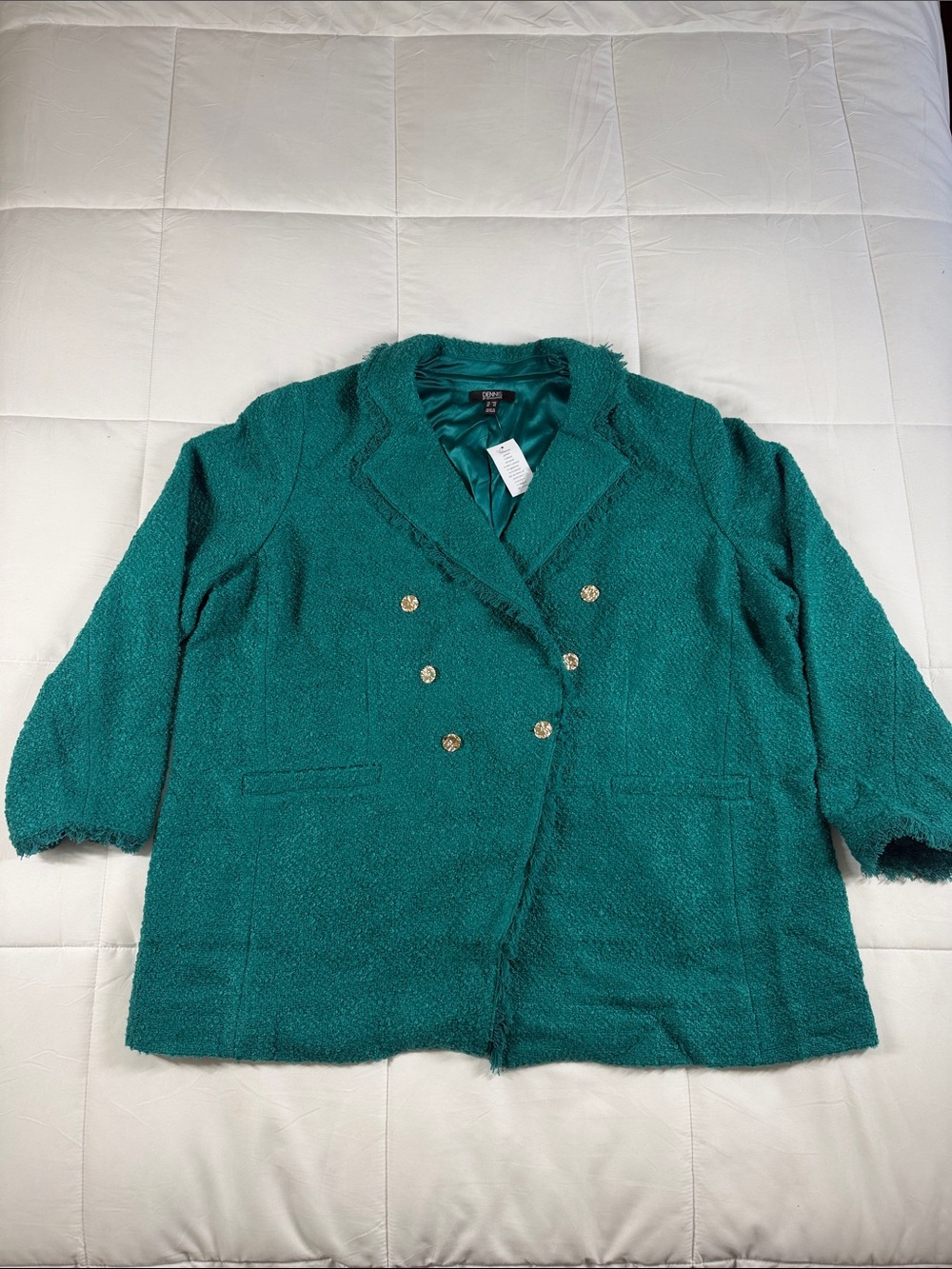 Dennis Basso Teal Bouclé Double-Breasted Tweed Fringe Blazer 26W